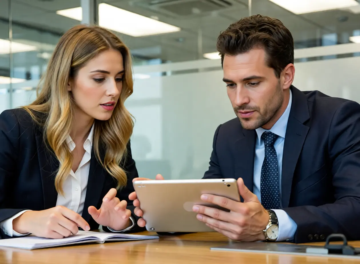 Business owners reviewing financial records and charts
