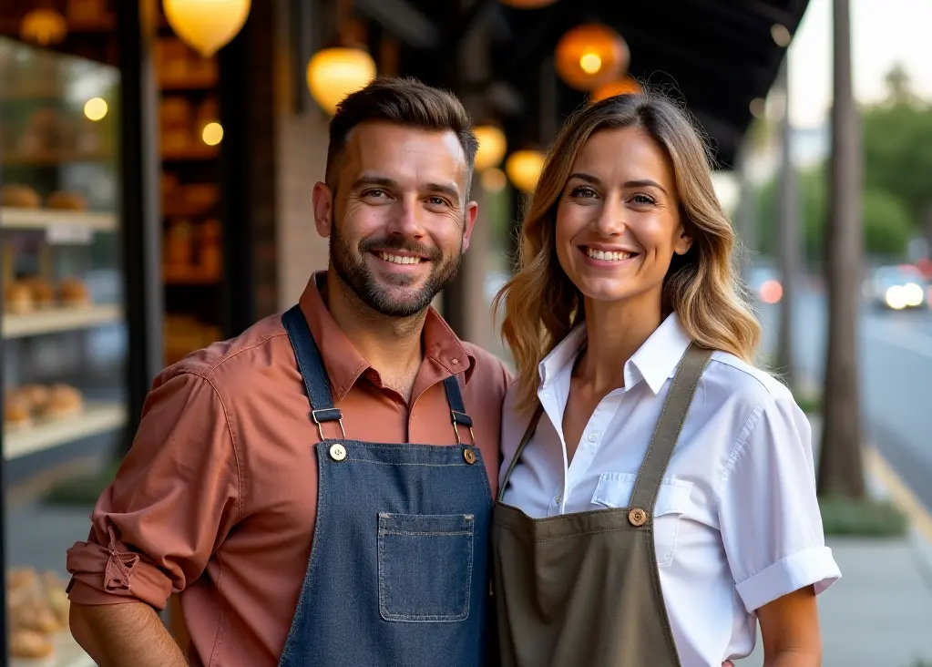 Two small business owners standing together in their café