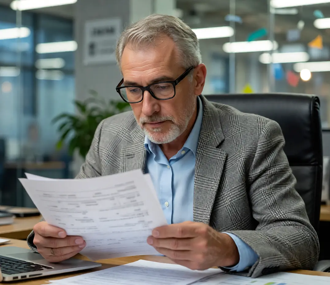 Woman reviewing retirement paperwork at a desk