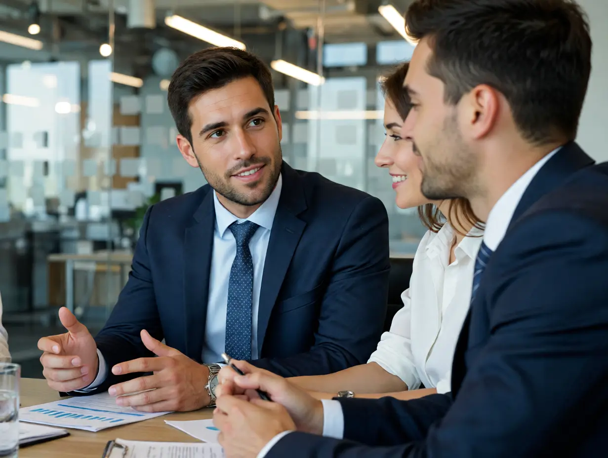 Business owners discussing documents and financial decisions